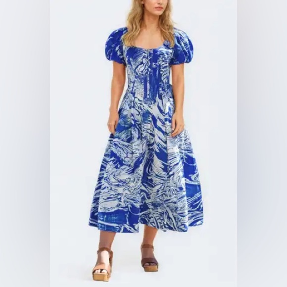 Blue and White A-Line Puff Sleeve Midi Dress - Picture 1 of 4